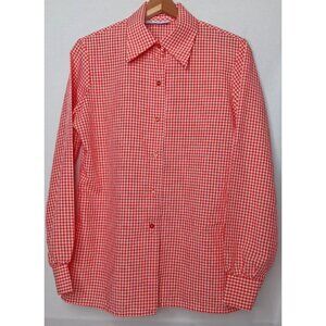 Vintage Lady Holiday M Blouse Red White Gingham Plaid Long Sleeve Collared